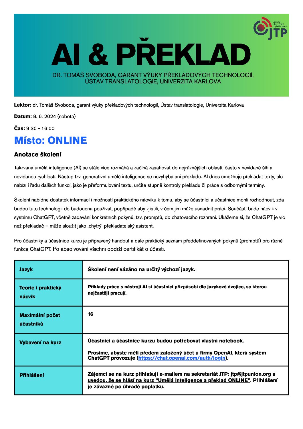 Umělá inteligence a překlad – celodenní kurz ONLINE – Kurz je již obsazen, můžete se hlásit jako náhradníci