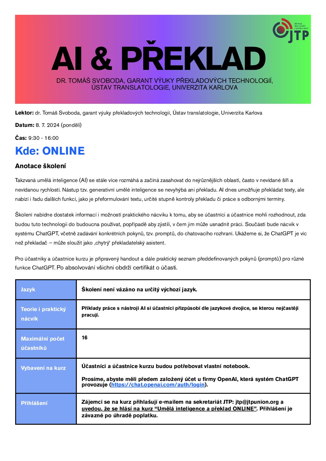 Umělá inteligence a překlad – ONLINE celodenní kurz